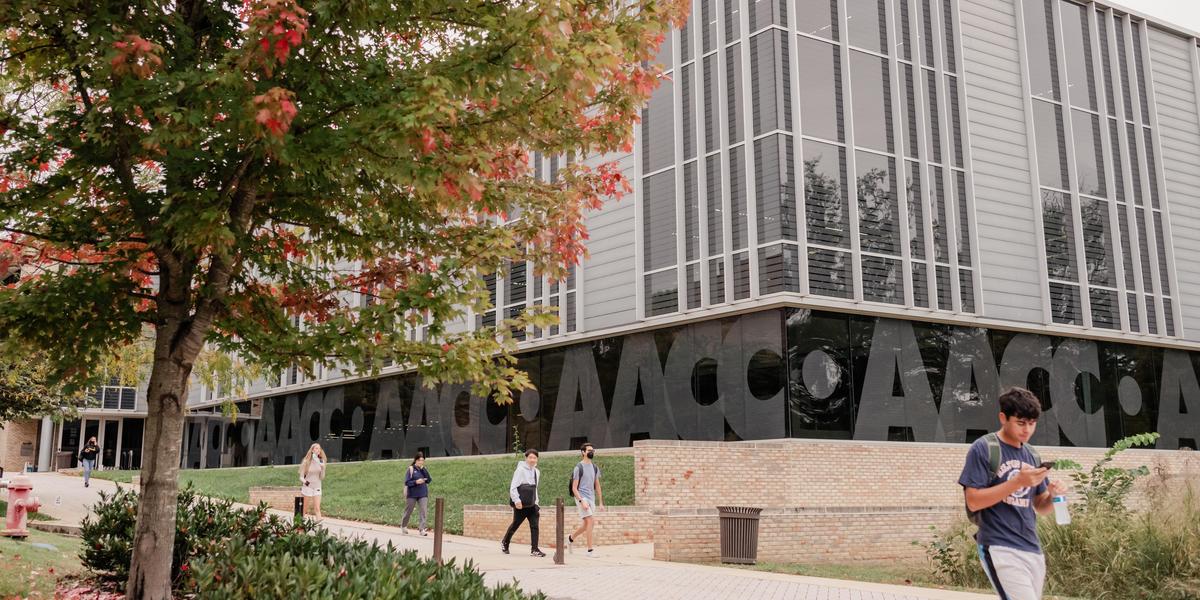 Students walking out of AACC Library.