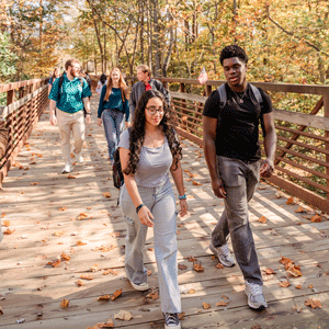 Students walking on a bridge.